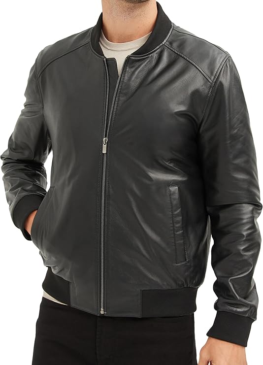 Black MAN Slim Fit College Collar Faux Leather Bomber jacket by Fubellawear
