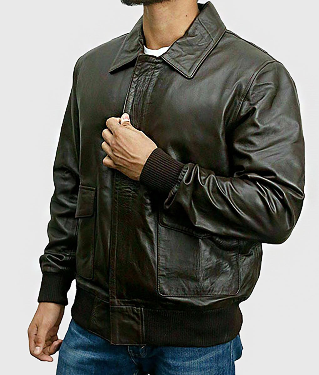 Dark Brown Leather Bomber Jacket Men’s Genuine Lambskin by Fubellawear