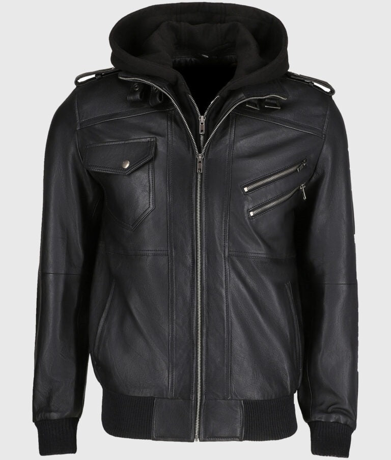 Greg Men's Black Hooded Leather Jacket by Fubellawear