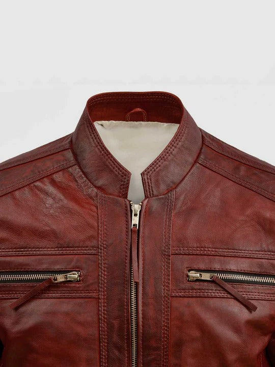 Men Waxed Burgundy Leather Jacket by Fubellawear