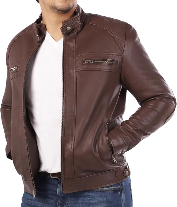 Men's Casual Signature Diamond Lambskin Leather Jacket by Fubellawear Fubellawear