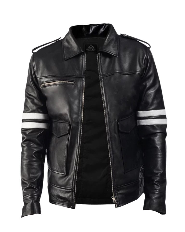 Mens Black and White Stripe Leather Jacket by Fubellawear