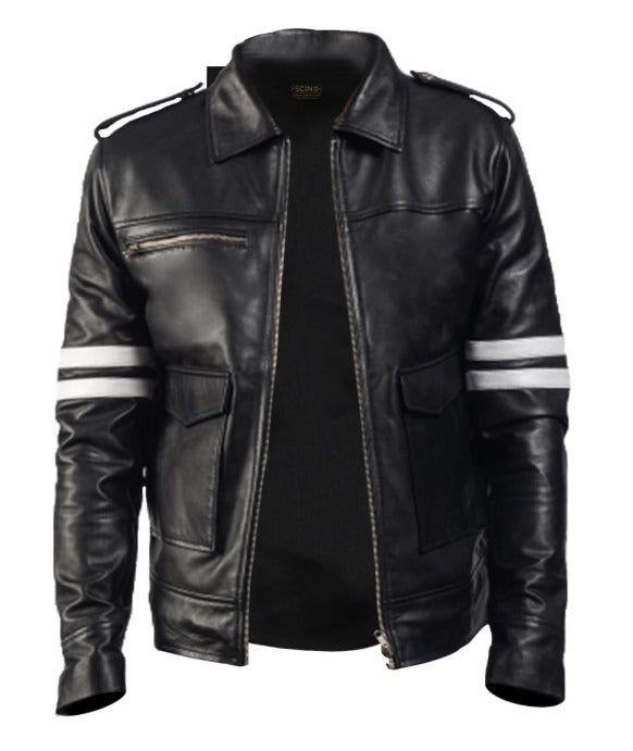 Mens Black and White Stripe Leather Jacket by Fubellawear