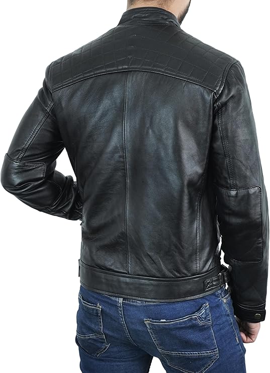 Slim Fit Distressed Leather Motorcycle Jacket by Fubellawear