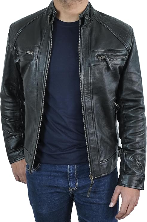 Slim Fit Distressed Leather Motorcycle Jacket by Fubellawear