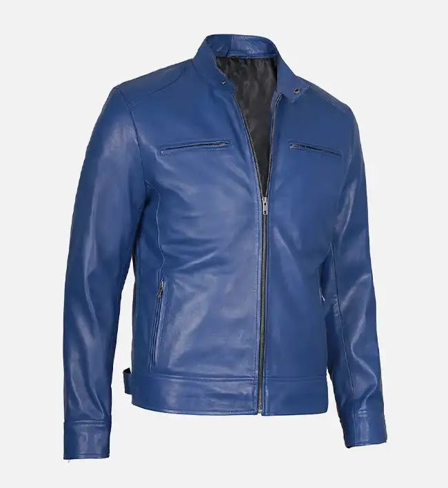 Stylish Slim Fit Men’s Blue Leather Jacket by Fubellawear