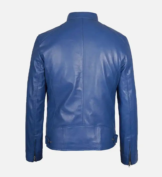 Stylish Slim Fit Men’s Blue Leather Jacket by Fubellawear
