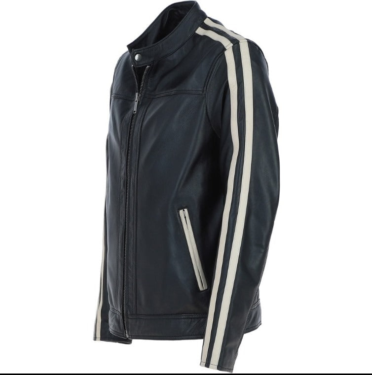 'Milano Vero' Real Leather Biker Jacket With Cream Contrast Stripes by Fubellawear