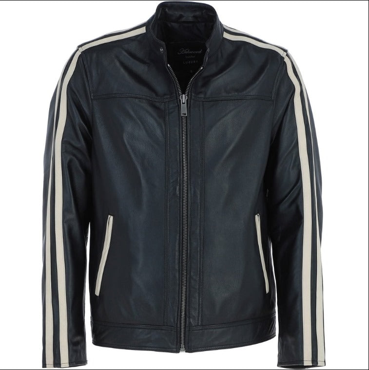 'Milano Vero' Real Leather Biker Jacket With Cream Contrast Stripes by Fubellawear