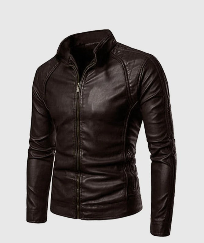 Men's High Collar Black Leather Jacket by fubella wear