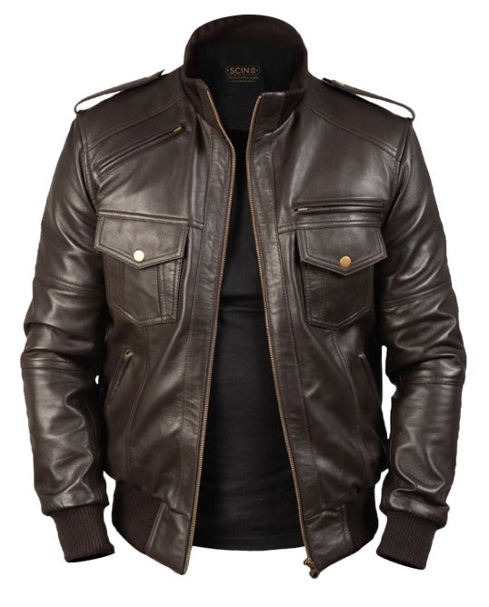 Agent Shadow Brown Leather Bomber Jacket by fubellawear