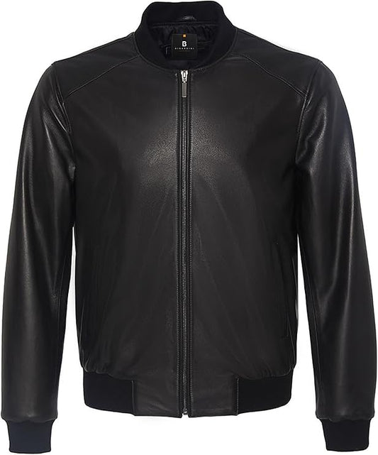 Black MAN Slim Fit College Collar Faux Leather Bomber jacket by Fubellawear