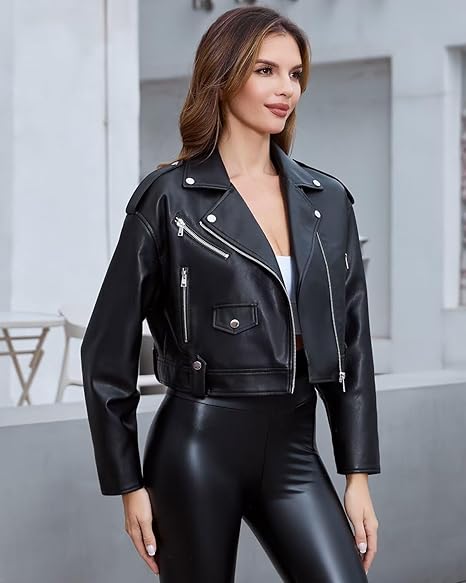 DIASHINY Women’s Cropped Faux Leather Moto Biker Jacket by Fubellawear Fubellawear