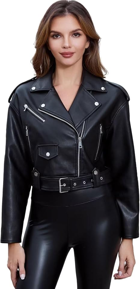 DIASHINY Women’s Cropped Faux Leather Moto Biker Jacket by Fubellawear Fubellawear