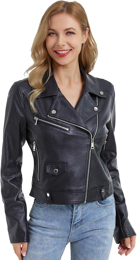 DIASHINY Women’s Cropped Faux Leather Moto Biker Jacket – Short PU Motorcycle Coat by Fubellawear Fubellawear