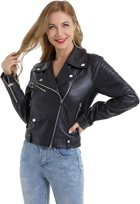 DIASHINY Women’s Cropped Faux Leather Moto Biker Jacket – Short PU Motorcycle Coat by Fubellawear Fubellawear