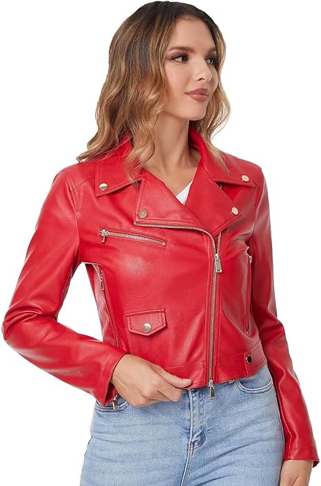 DIASHINY Women’s Cropped Faux Leather Moto Biker Jacket – Short PU Motorcycle Coat by Fubellawear Fubellawear