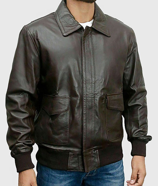 Dark Brown Leather Bomber Jacket Men’s Genuine Lambskin by Fubellawear