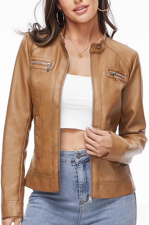 Fahsyee Women’s Brown Faux Leather Moto Jacket – Slim Fit by Fubellawear Fubellawear