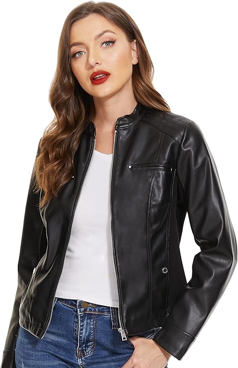 Fahsyee Zip Leather Jackets for Women – Motorcycle Faux PU Moto Biker Outwear Coat by Fubellawear Fubellawear
