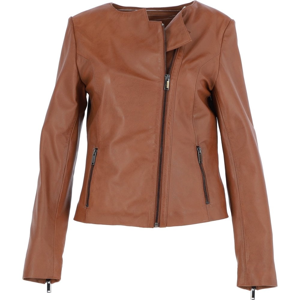 Leather Ladies Collarless Side Zip Fashion Jacket Tan by Fubellawear Fubellawear