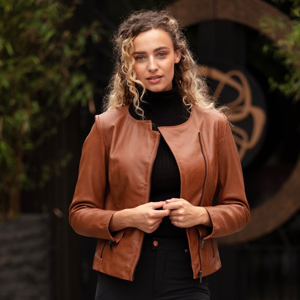 Leather Ladies Collarless Side Zip Fashion Jacket Tan by Fubellawear Fubellawear