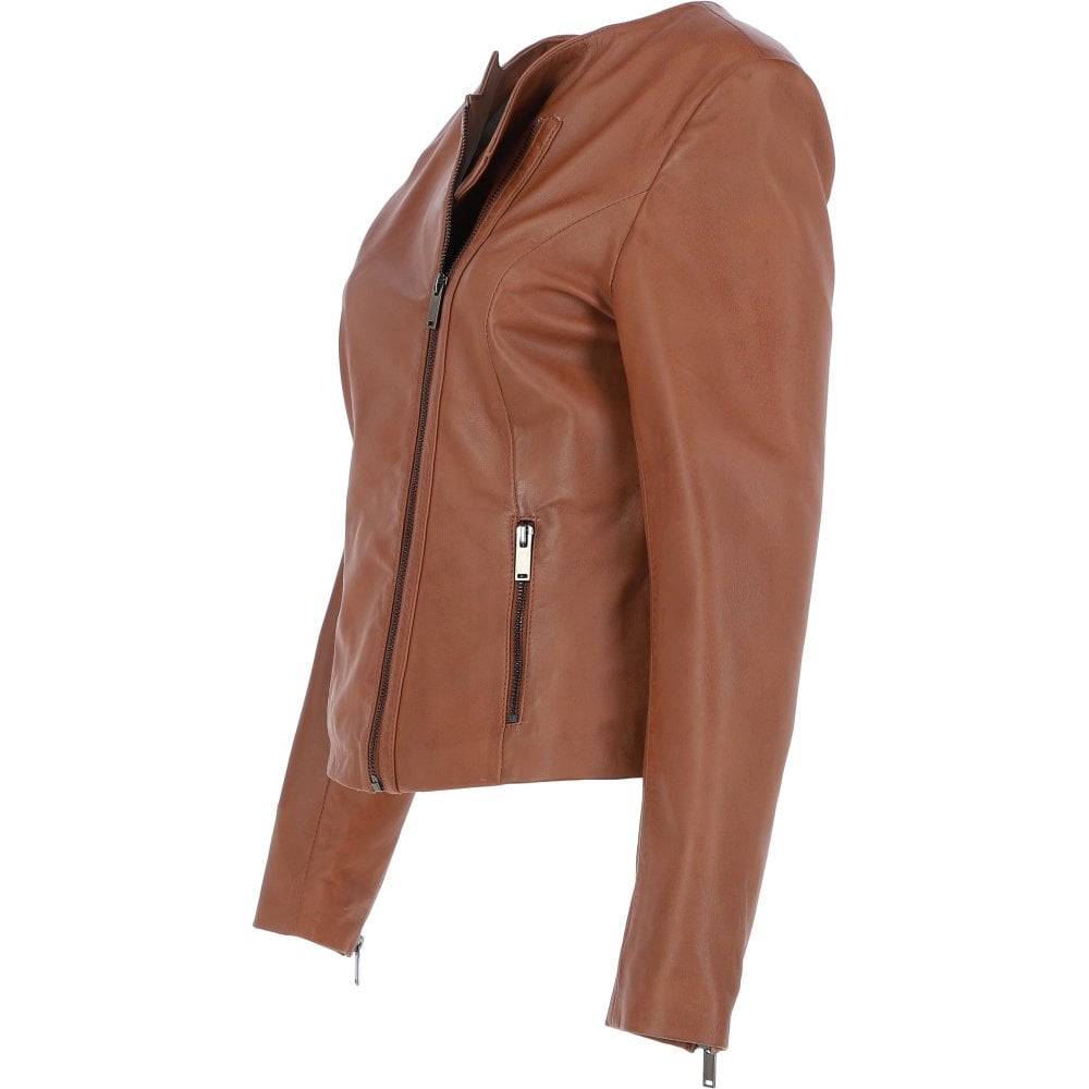 Leather Ladies Collarless Side Zip Fashion Jacket Tan by Fubellawear Fubellawear