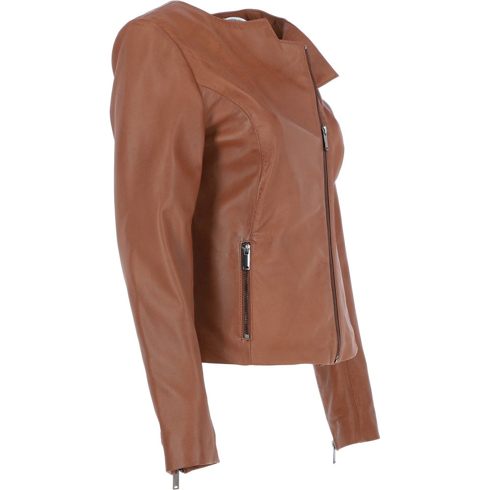 Leather Ladies Collarless Side Zip Fashion Jacket Tan by Fubellawear Fubellawear