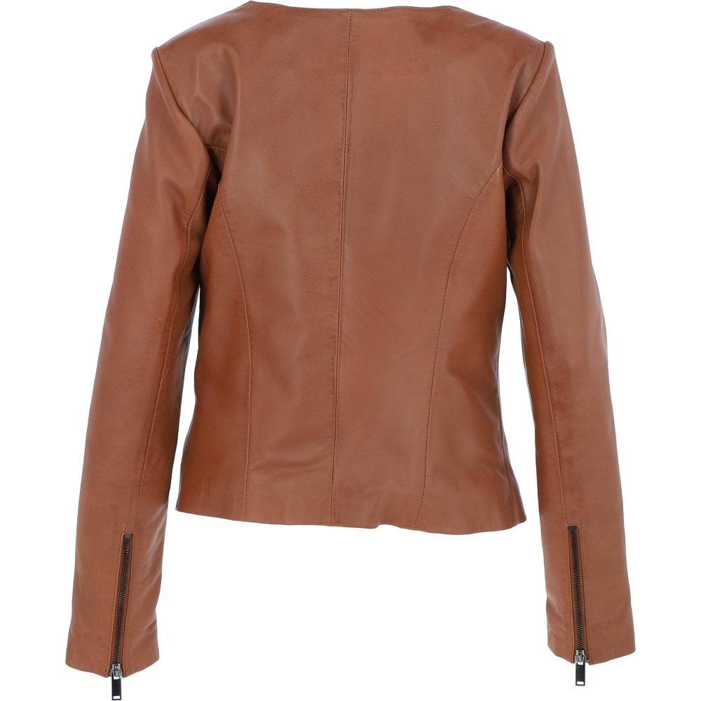 Leather Ladies Collarless Side Zip Fashion Jacket Tan by Fubellawear Fubellawear