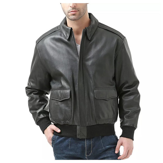 Leen Men's Black A-2 Bomber Leather Jacket by Fubellawear