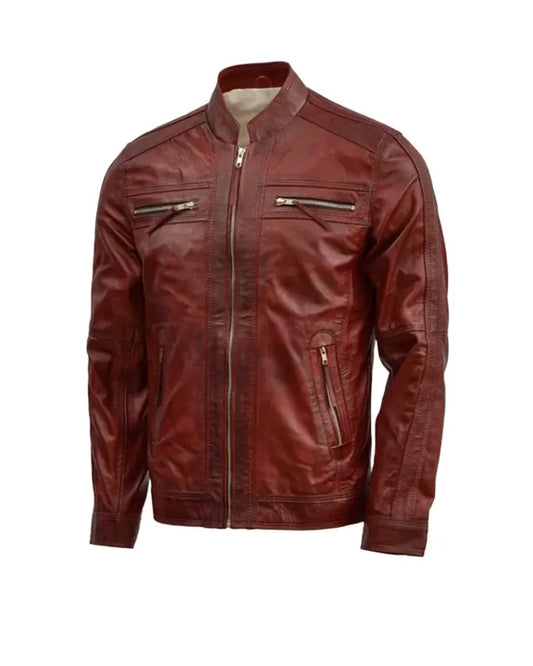 Men Waxed Burgundy Leather Jacket by Fubellawear