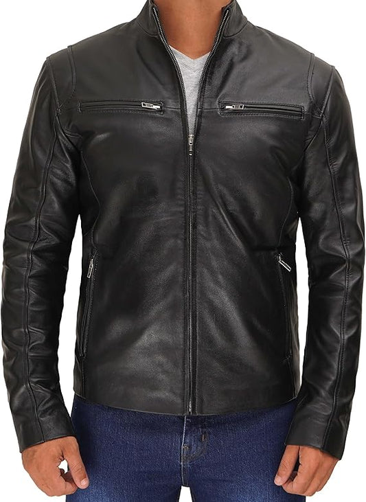 Men Cafe Racer Black Leather Jacket by Fubellawear