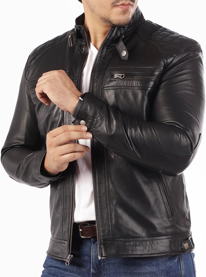 Men's Casual Signature Diamond Lambskin Leather Jacket by Fubellawear