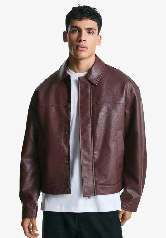 Men's Cotton On Burgundy Faux Leather Harrington Jacket by Fubellawear