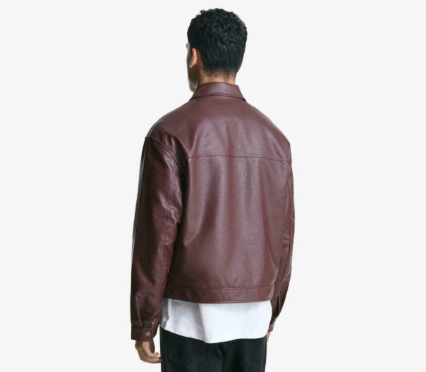 Men's Cotton On Burgundy Faux Leather Harrington Jacket by Fubellawear