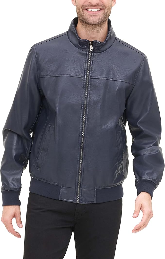 Men's Navy Blue Faux Leather Bomber Jacket by Fubellawear