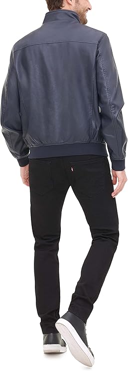 Men's Navy Blue Faux Leather Bomber Jacket by Fubellawear