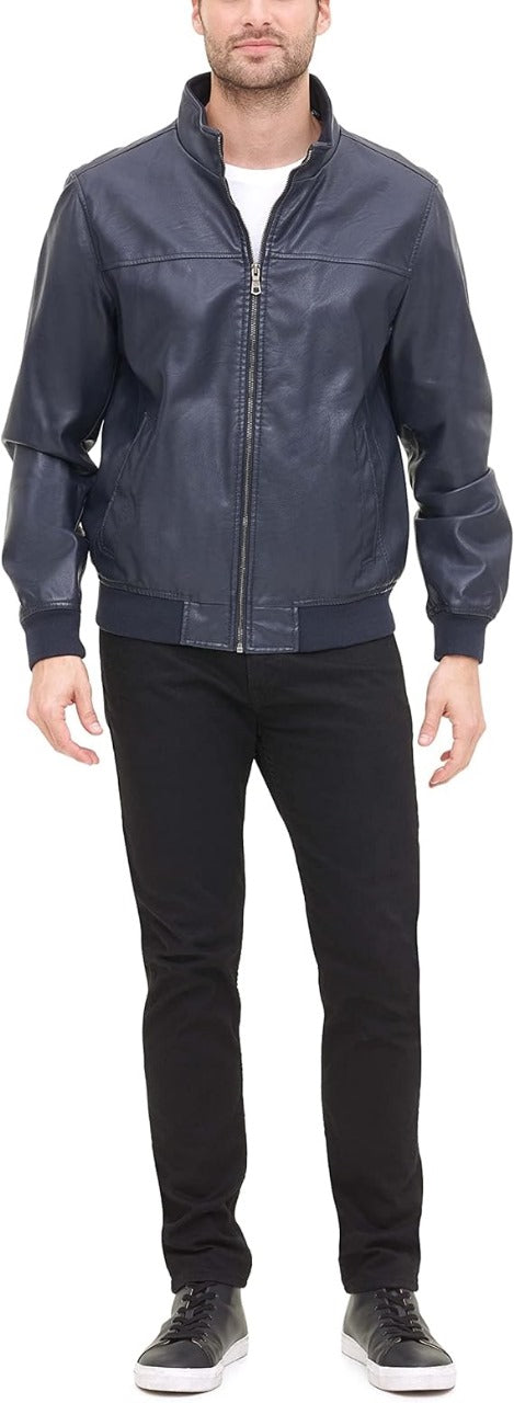Men's Navy Blue Faux Leather Bomber Jacket by Fubellawear