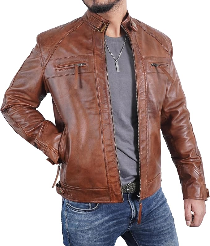 Men's Quilted Brown Real Leather Jacket by Fubellawear