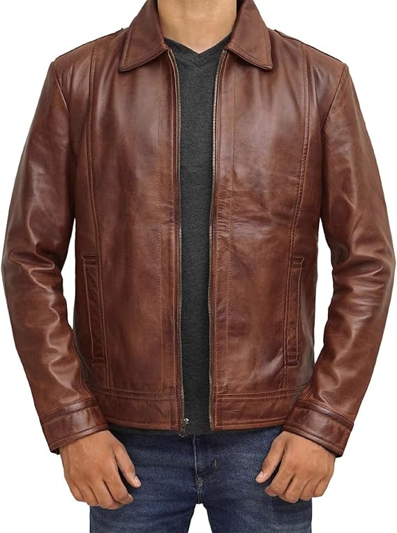 Men’s Shirt Collar Brown Tall Leather Jacket by Fubellawear