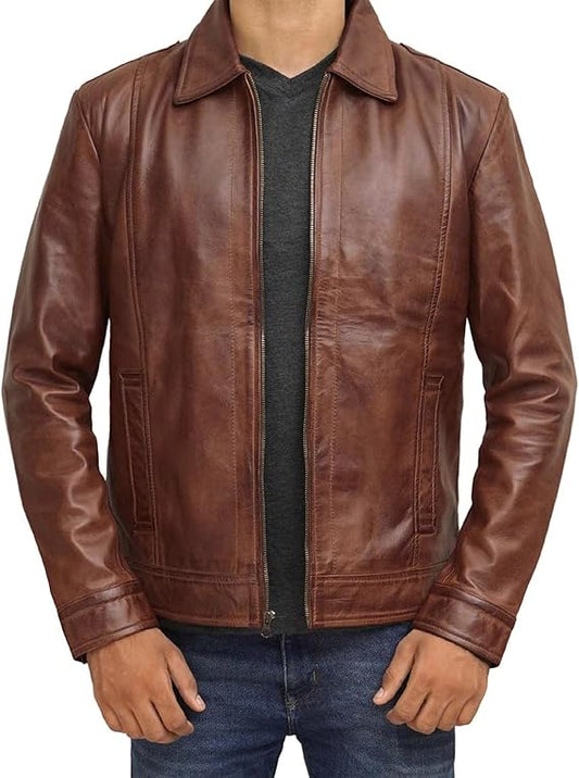 Men’s Shirt Collar Brown Tall Leather Jacket by Fubellawear