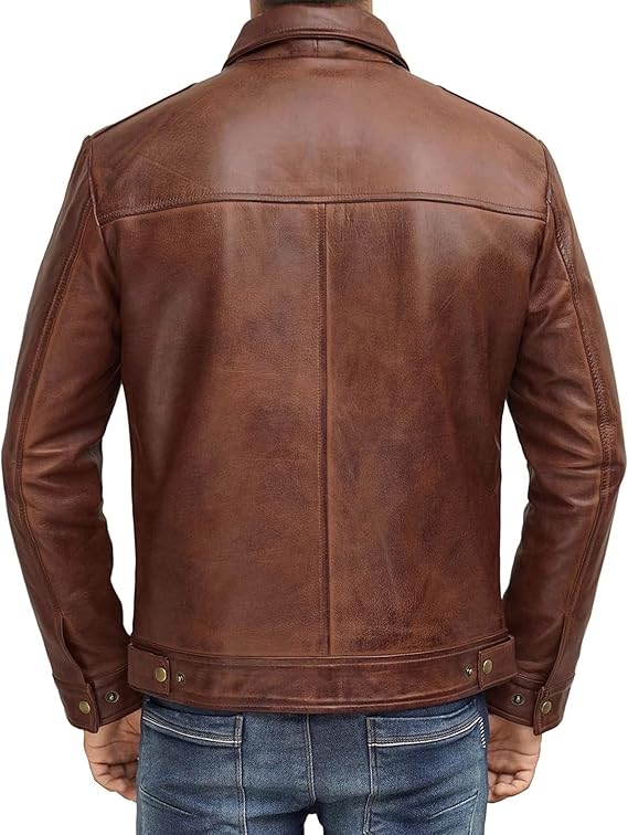 Men’s Shirt Collar Brown Tall Leather Jacket by Fubellawear