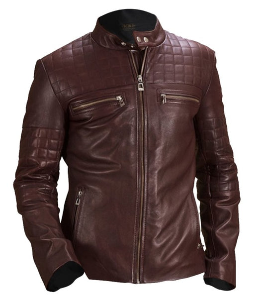 Men's Urbane Quilted Maroon Leather Biker by Fubellawear