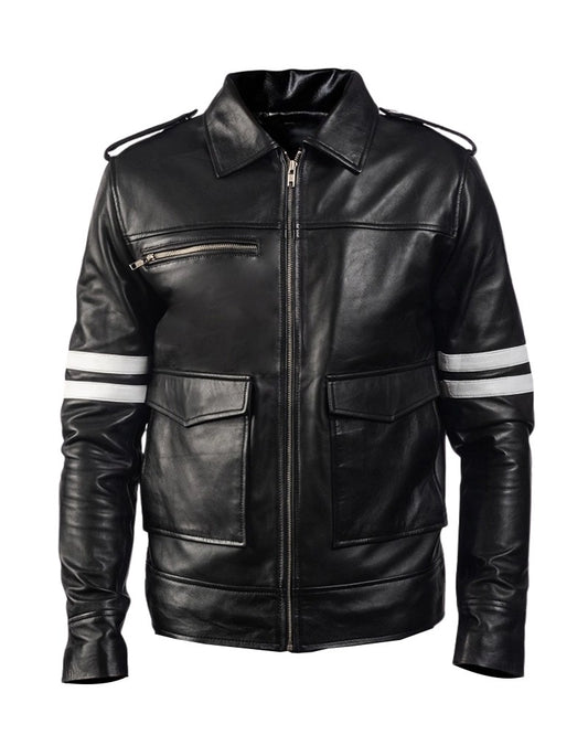 Mens Black and White Stripe Leather Jacket by Fubellawear