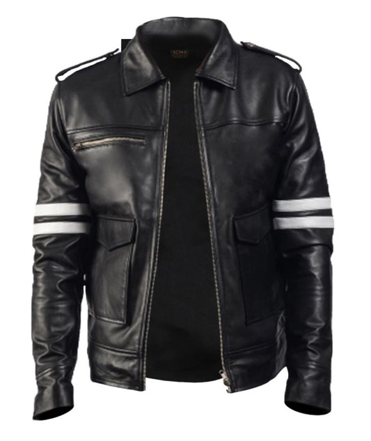 Mens Black and White Stripe Leather Jacket by Fubellawear