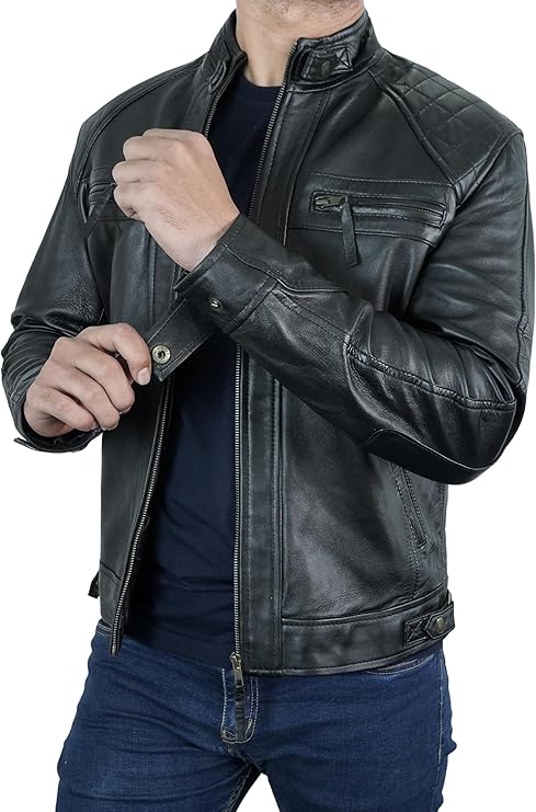 Slim Fit Distressed Leather Motorcycle Jacket by Fubellawear