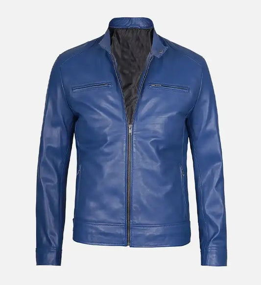 Stylish Slim Fit Men’s Blue Leather Jacket by Fubellawear