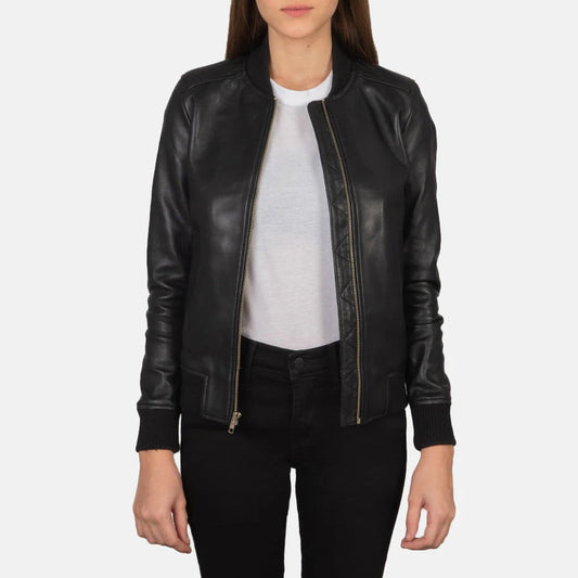 Women’s Bliss Black Leather Bomber Jacket by Fubellawear Fubellawear