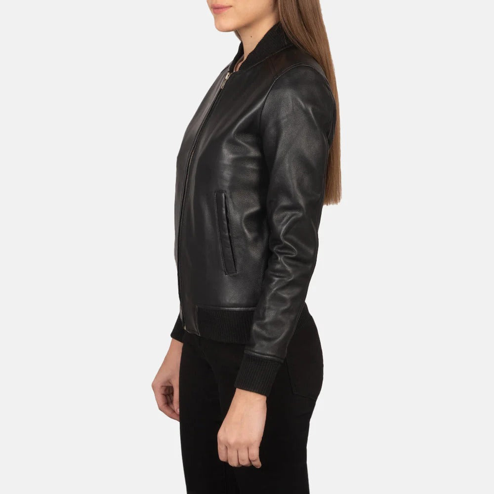 Women’s Bliss Black Leather Bomber Jacket by Fubellawear Fubellawear