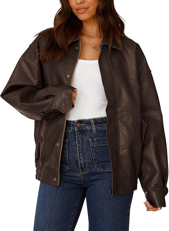 Women’s Faux Leather Motorcycle Jacket – Trendy Fall Oversized Zip-Up Winter Coat by Fubellawear Fubellawear